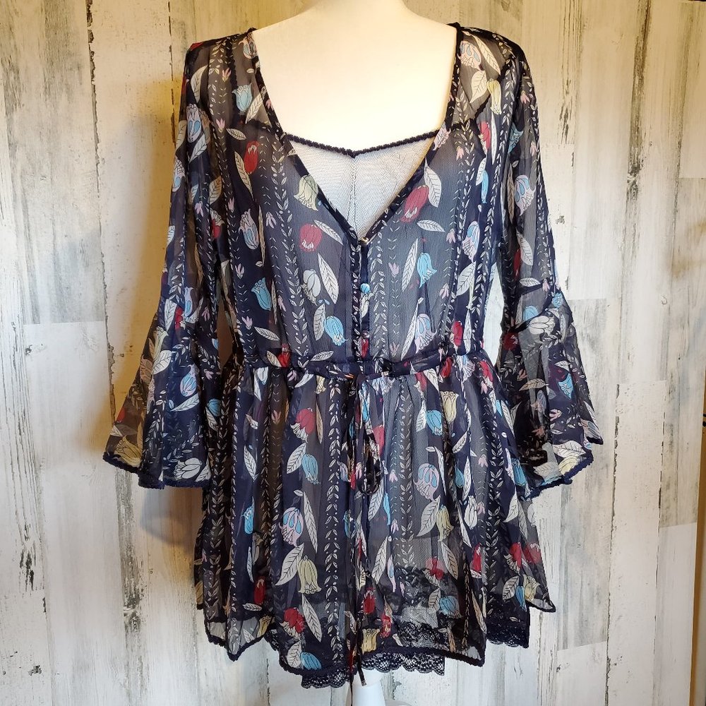 Sheer Chiffon V Neck Top with Leaf Print Flounce Sleeves